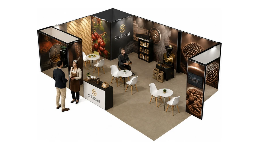 Stoisko 10 × 6 m narożne lewe dla branży palarnia kawy, przykładowa marka Silk Roast