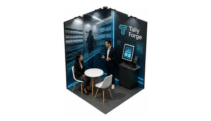 Stoisko 2 × 2 m narożne lewe dla branży technologie dla handlu, przykładowa marka Tally Forge