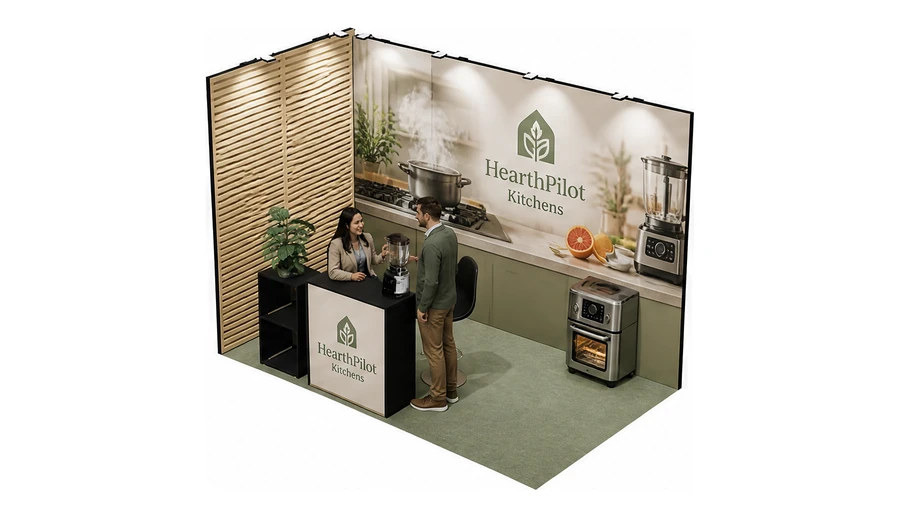 Stoisko 3 × 2 m narożne lewe dla branży sprzęt kuchenny i AGD, przykładowa marka HearthPilot Kitchens