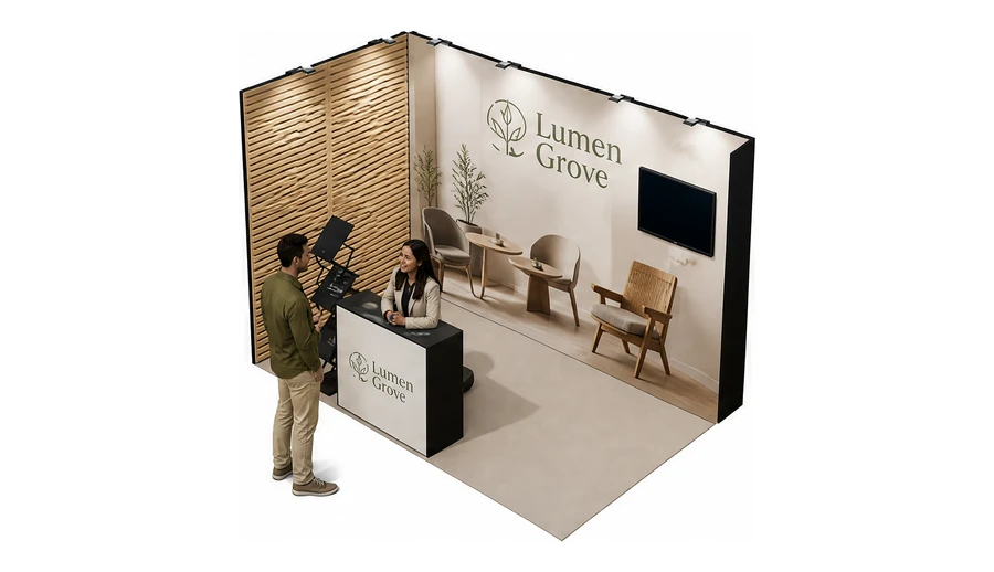 Stoisko 3 × 2 m narożne lewe dla branży meble designerskie, przykładowa marka Lumen Grove