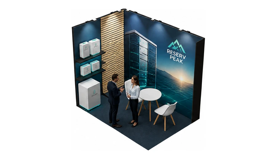 Stoisko 3 × 2 m narożne lewe dla branży magazyny energii, przykładowa marka Reserv Peak
