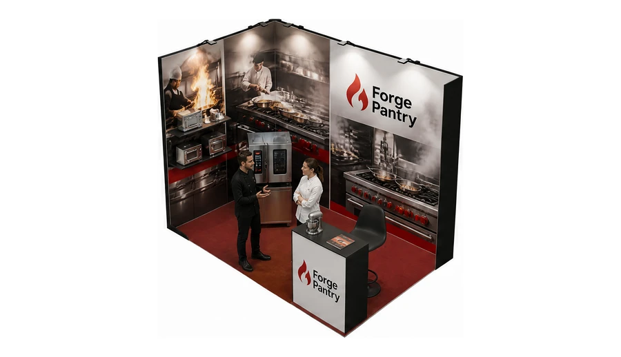 Stoisko 3 × 2 m narożne lewe dla branży wyposażenie gastronomii, przykładowa marka Forge Pantry