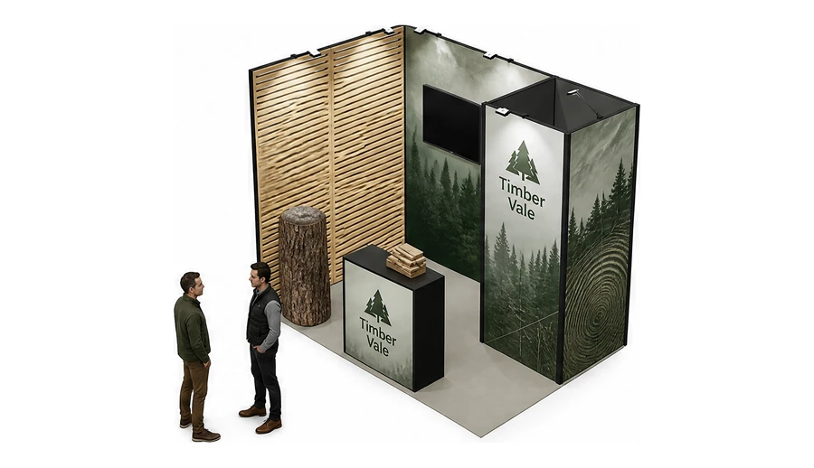 Stoisko 3 × 2 m narożne lewe dla branży leśnictwo i przemysł drzewny, przykładowa marka Timber Vale
