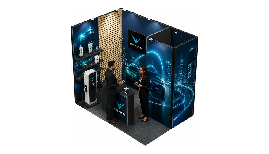 Stoisko 3 × 2 m narożne lewe dla branży elektromobilność i ładowarki, przykładowa marka Volt Harbor