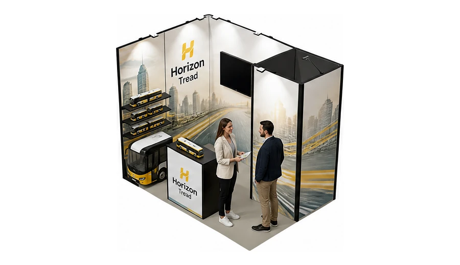Stoisko 3 × 2 m narożne lewe dla branży autobusy i transport zbiorowy, przykładowa marka Horizon Tread