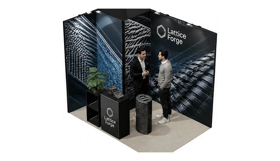 Stoisko 3 × 2 m narożne lewe dla branży materiały kompozytowe, przykładowa marka Lattice Forge