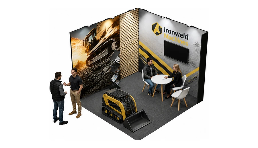 Stoisko 3 × 3 m narożne lewe dla branży maszyny budowlane, przykładowa marka Ironweld Machines