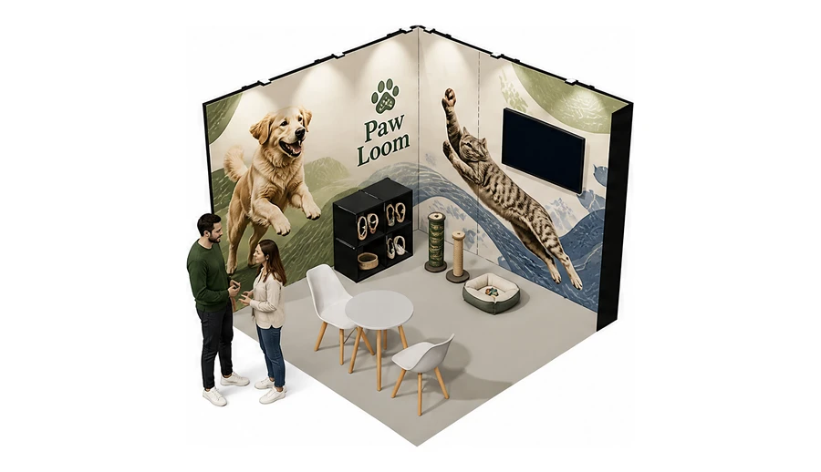 Stoisko 3 × 3 m narożne lewe dla branży akcesoria dla zwierząt, przykładowa marka Paw Loom