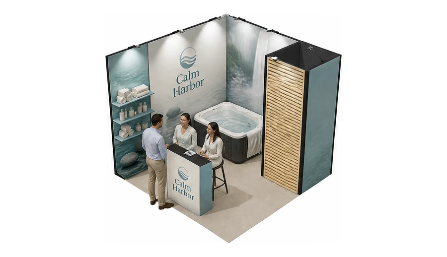 Stoisko 3 × 3 m narożne lewe dla branży spa i wellness, przykładowa marka Calm Harbor