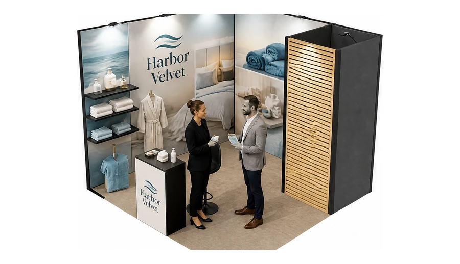Stoisko 3 × 3 m narożne lewe dla branży wyposażenie hoteli, przykładowa marka Harbor Velvet