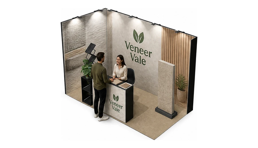 Stoisko 4 × 2 m narożne lewe dla branży wykończenie wnętrz, przykładowa marka Veneer Vale