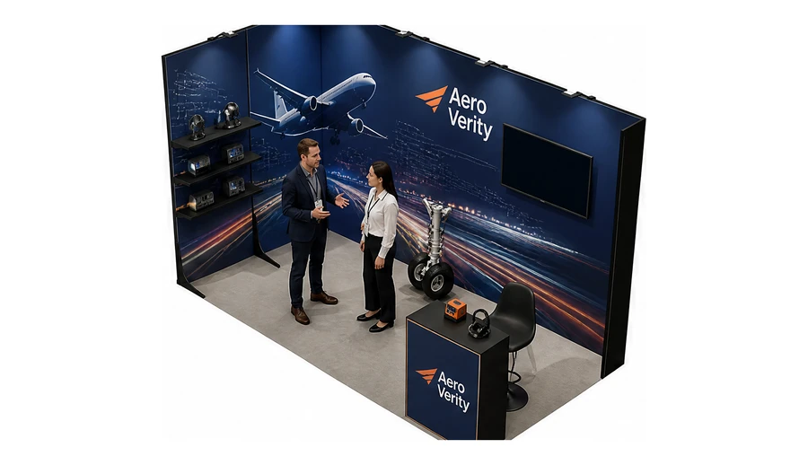 Stoisko 4 × 2 m narożne lewe dla branży lotnictwo, przykładowa marka Aero Verity
