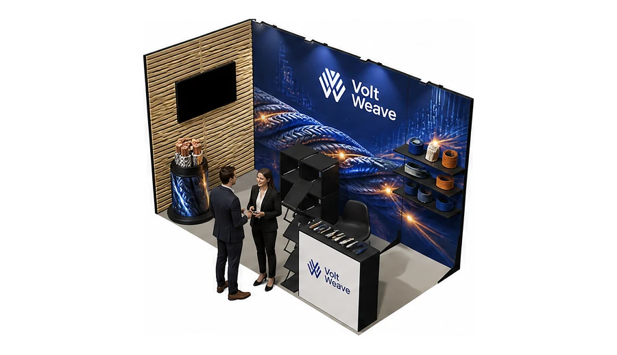 Stoisko 4 × 2 m narożne lewe dla branży kable i elektrotechnika, przykładowa marka Volt Weave