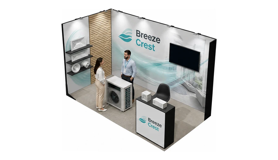 Stoisko 4 × 2 m narożne lewe dla branży wentylacja i klimatyzacja, przykładowa marka Breeze Crest