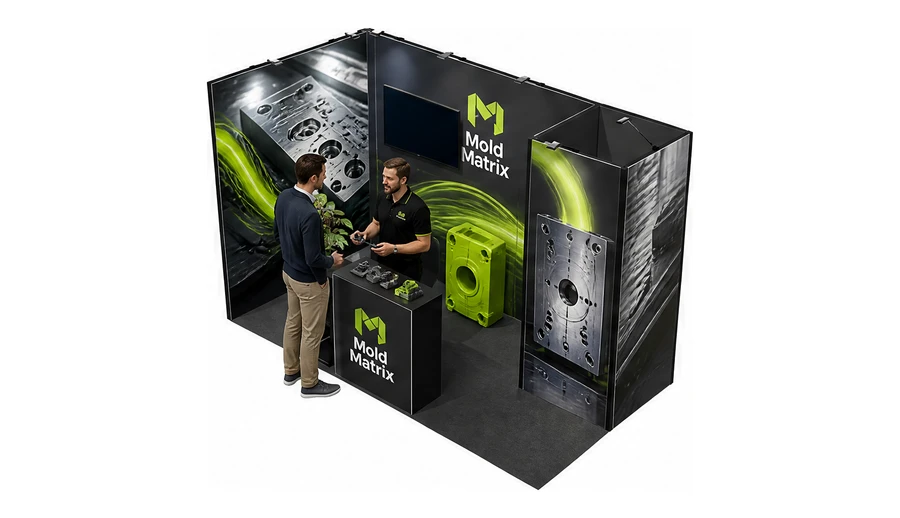 Stoisko 4 × 2 m narożne lewe dla branży przetwórstwo tworzyw, przykładowa marka Mold Matrix