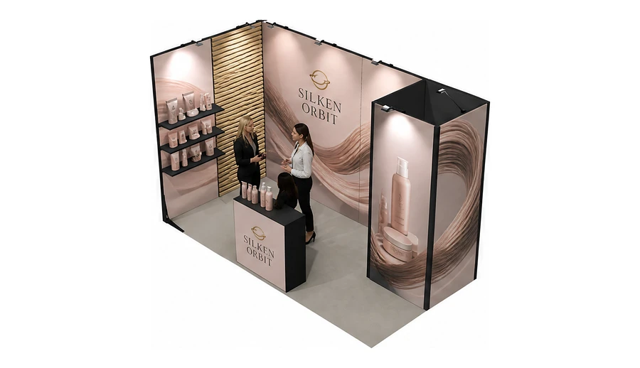 Stoisko 4 × 2 m narożne lewe dla branży fryzjerstwo i salony beauty, przykładowa marka Silken Orbit