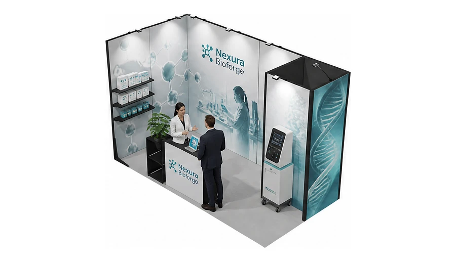 Stoisko 4 × 2 m narożne lewe dla branży farmacja i biotechnologia, przykładowa marka Nexura Bioforge