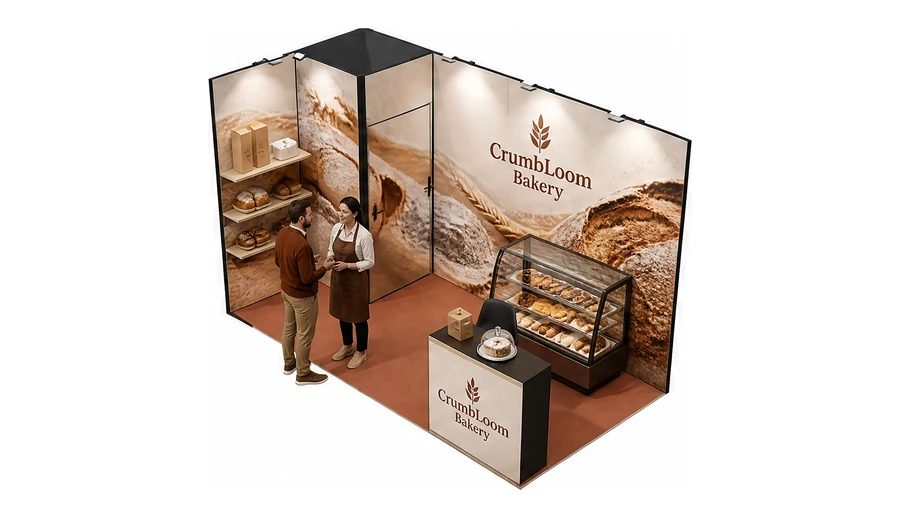 Stoisko 4 × 2 m narożne lewe dla branży piekarnictwo i cukiernictwo, przykładowa marka CrumbLoom Bakery
