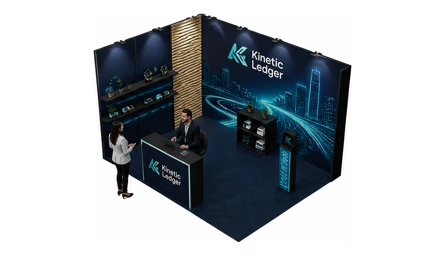 Stoisko 4 × 3 m narożne lewe dla branży płatności online, przykładowa marka Kinetic Ledger