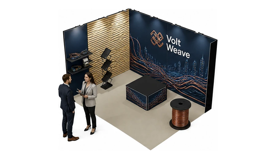 Stoisko 4 × 3 m narożne lewe dla branży kable i elektrotechnika, przykładowa marka Volt Weave
