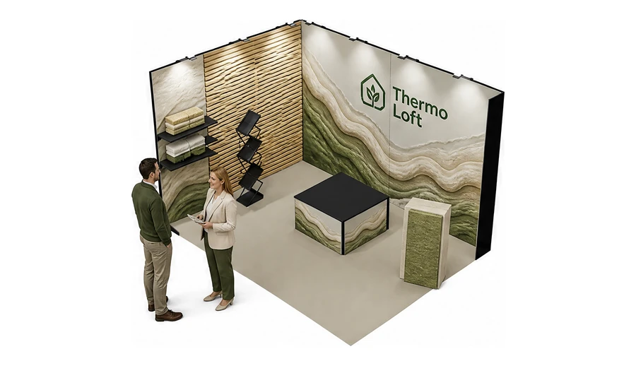 Stoisko 4 × 3 m narożne lewe dla branży izolacje techniczne, przykładowa marka Thermo Loft