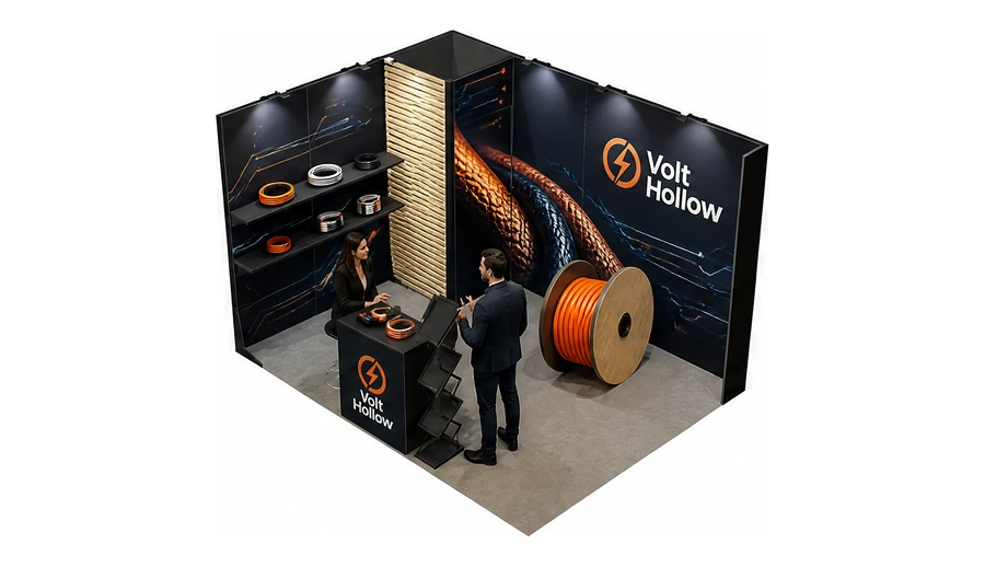 Stoisko 4 × 3 m narożne lewe dla branży kable i elektrotechnika, przykładowa marka Volt Hollow