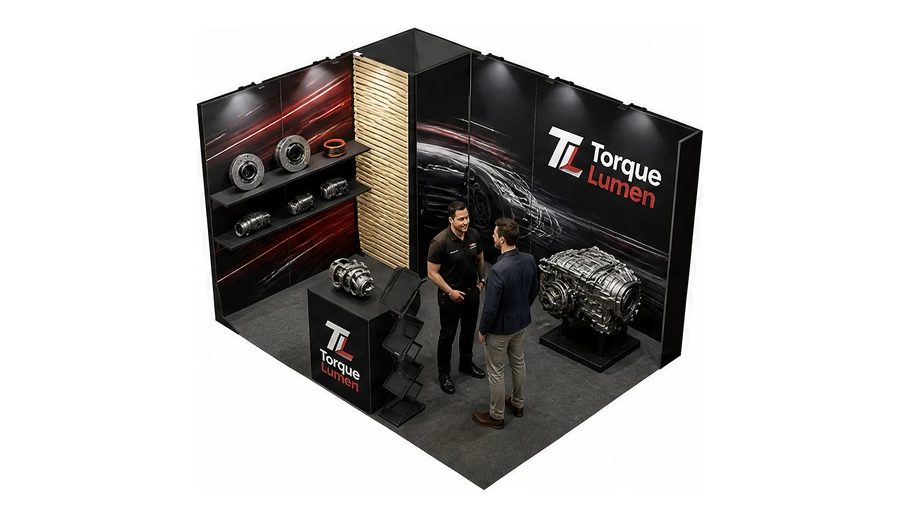 Stoisko 4 × 3 m narożne lewe dla branży części motoryzacyjne, przykładowa marka Torque Lumen