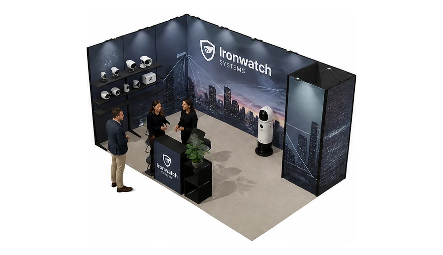 Stoisko 5 × 3 m narożne lewe dla branży systemy zabezpieczeń, przykładowa marka Ironwatch Systems