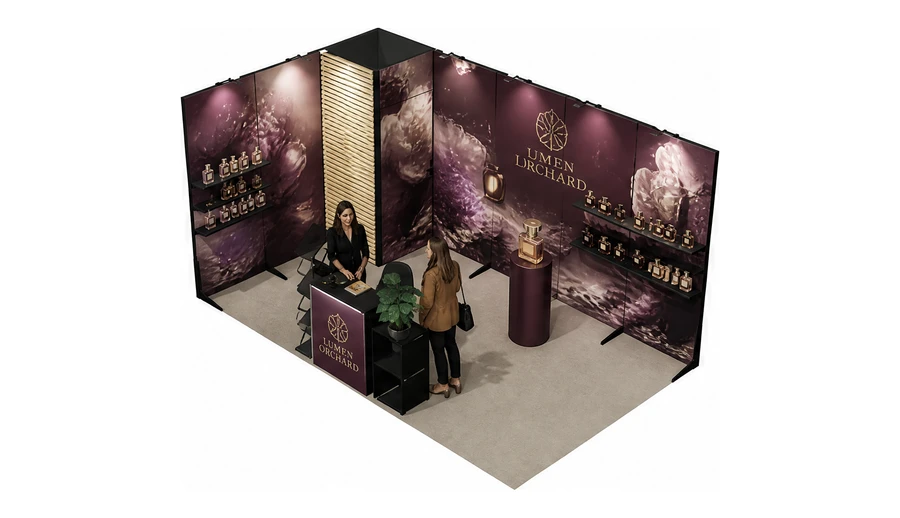 Stoisko 5 × 3 m narożne lewe dla branży perfumy, przykładowa marka Lumen Orchard