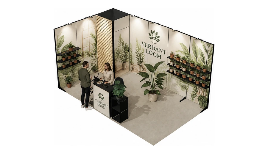 Stoisko 5 × 3 m narożne lewe dla branży rośliny i kwiaciarstwo, przykładowa marka Verdant Loom