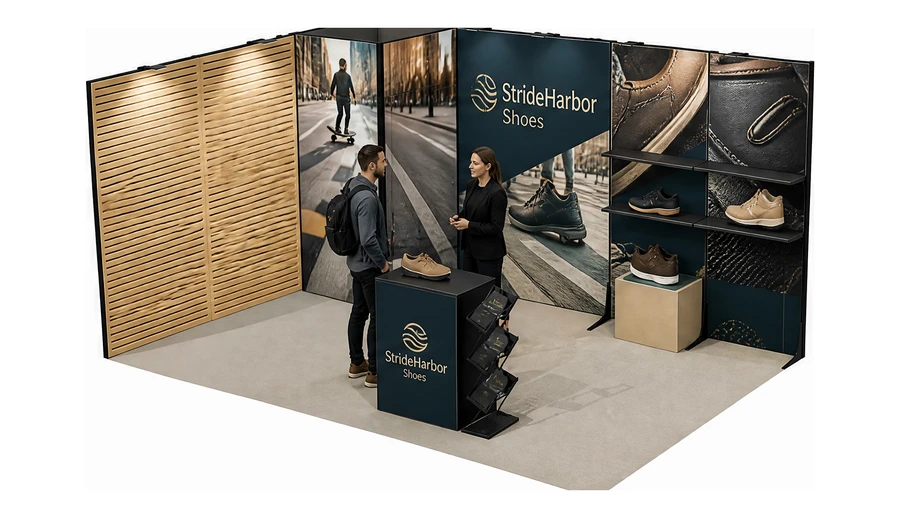 Stoisko 5 × 3 m narożne lewe dla branży obuwie, przykładowa marka StrideHarbor Shoes