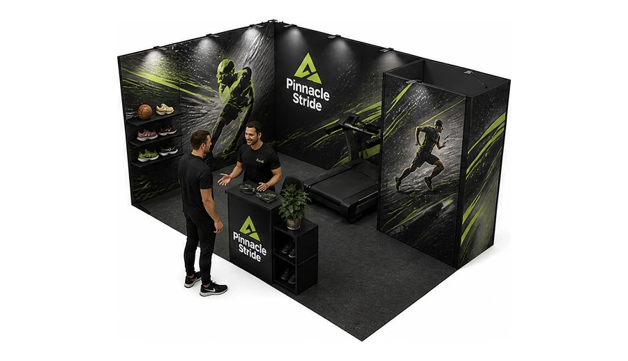 Stoisko 5 × 3 m narożne lewe dla branży sprzęt sportowy, przykładowa marka Pinnacle Stride