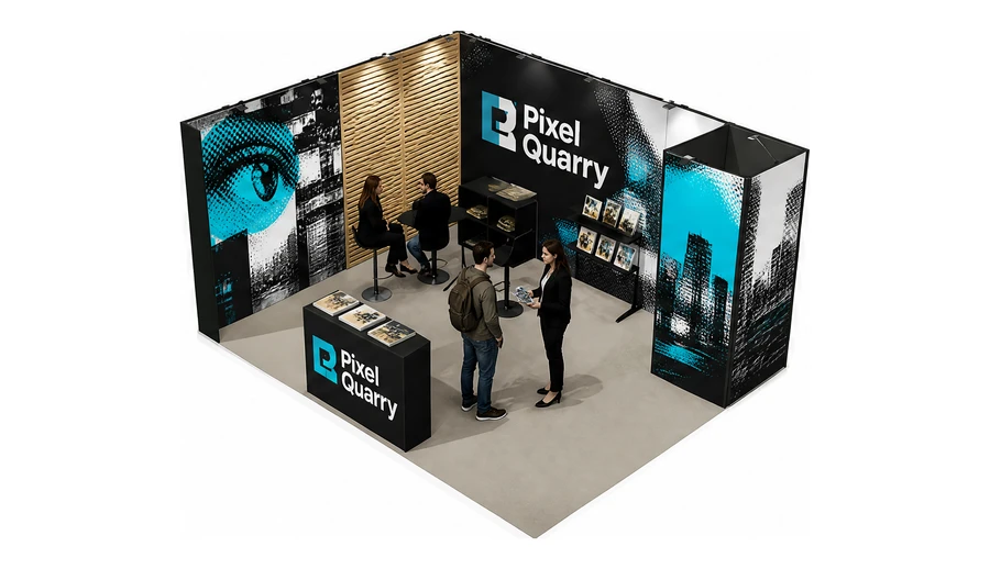 Stoisko 5 × 4 m narożne lewe dla branży reklama i druk, przykładowa marka Pixel Quarry