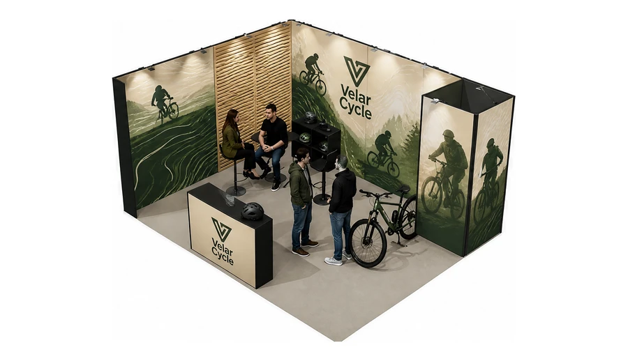 Stoisko 5 × 4 m narożne lewe dla branży rowery elektryczne, przykładowa marka Velar Cycle