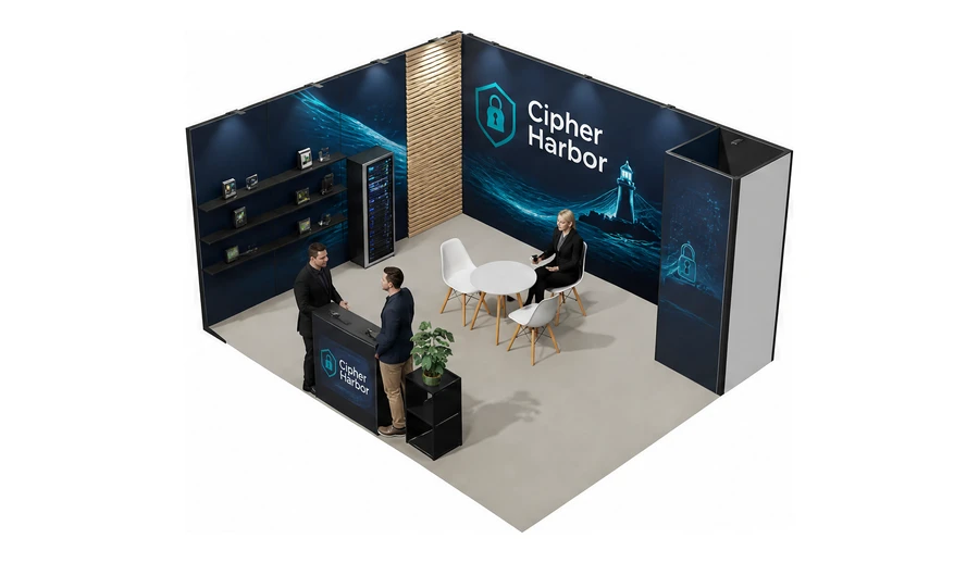 Stoisko 5 × 4 m narożne lewe dla branży cyberbezpieczeństwo, przykładowa marka Cipher Harbor