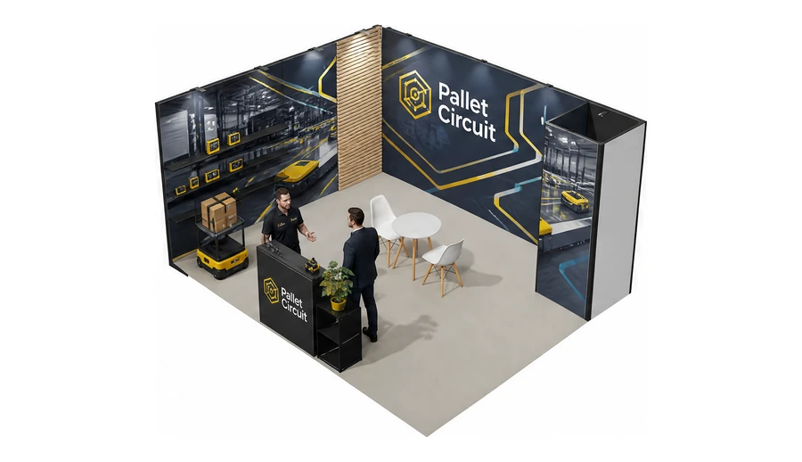 Stoisko 5 × 4 m narożne lewe dla branży intralogistyka i magazyn, przykładowa marka Pallet Circuit