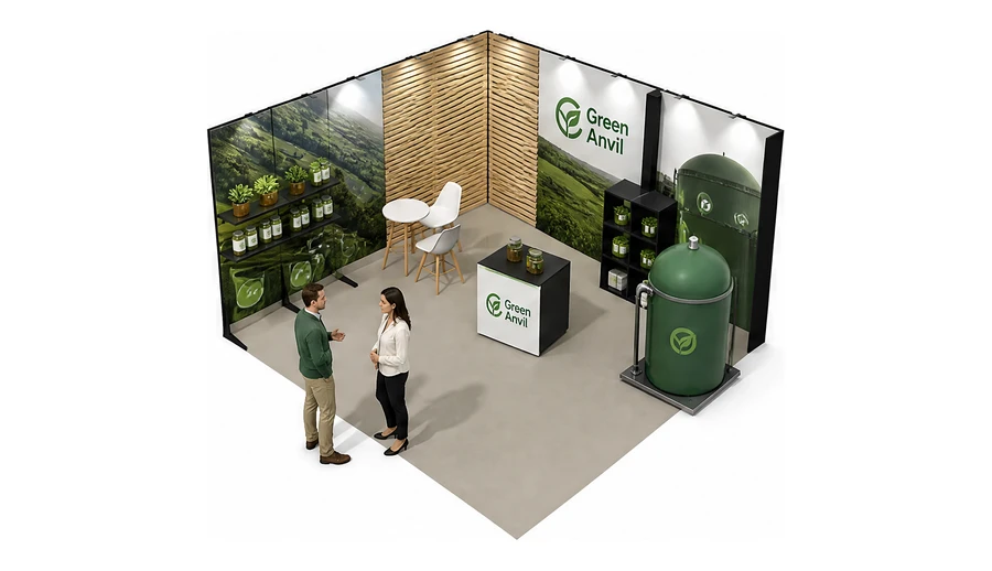 Stoisko 5 × 5 m narożne lewe dla branży biogaz i OZE, przykładowa marka Green Anvil