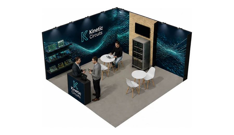 Stoisko 5 × 5 m narożne lewe dla branży komponenty elektroniczne, przykładowa marka Kinetic Circuits