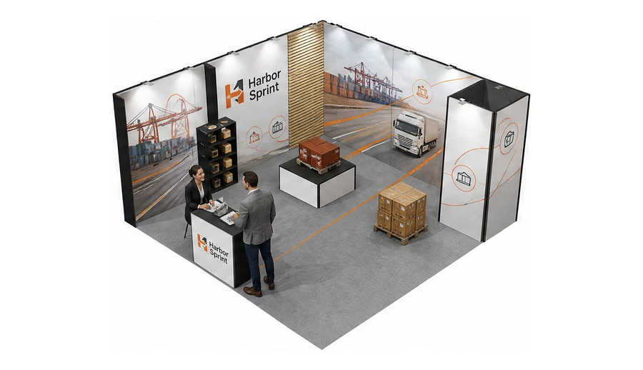 Stoisko 5 × 5 m narożne lewe dla branży logistyka i spedycja, przykładowa marka Harbor Sprint