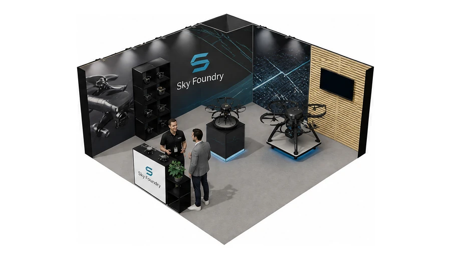 Stoisko 5 × 5 m narożne lewe dla branży drony i robotyka, przykładowa marka Sky Foundry