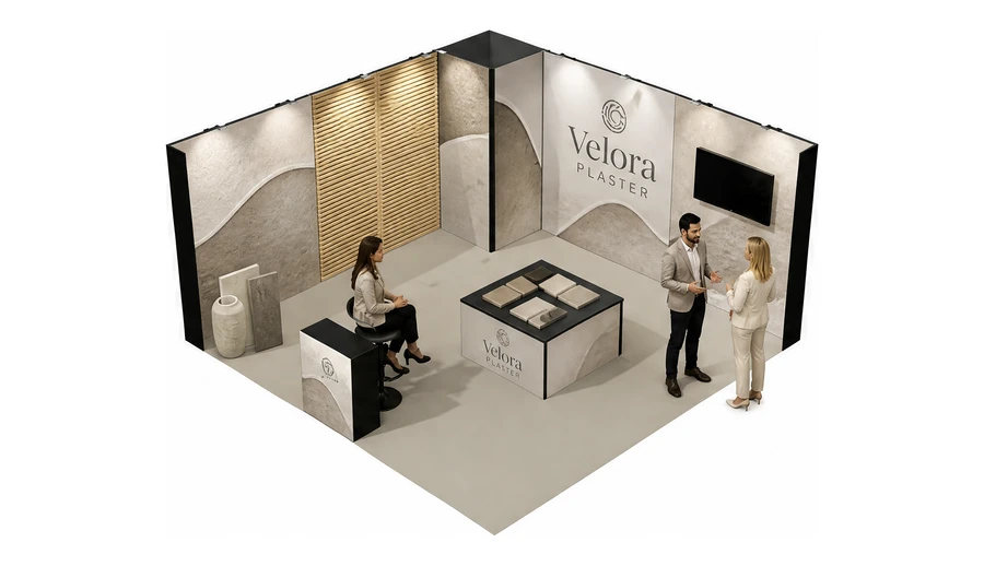 Stoisko 5 × 5 m narożne lewe dla branży wykończenie wnętrz, przykładowa marka Velora Plaster