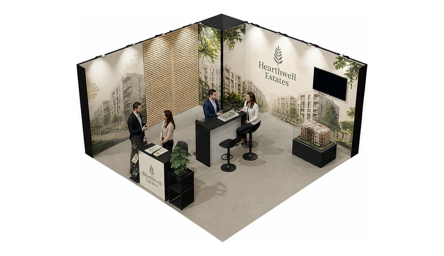 Stoisko 5 × 5 m narożne lewe dla branży deweloperzy i nieruchomości, przykładowa marka Hearthwell Estates