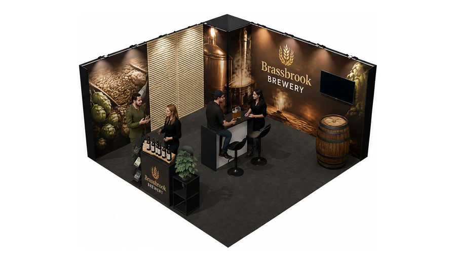 Stoisko 5 × 5 m narożne lewe dla branży browar rzemieślniczy, przykładowa marka Brassbrook Brewery