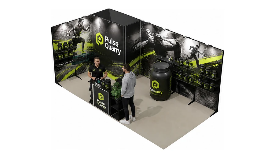 Stoisko 6 × 3 m narożne lewe dla branży suplementy diety, przykładowa marka Pulse Quarry