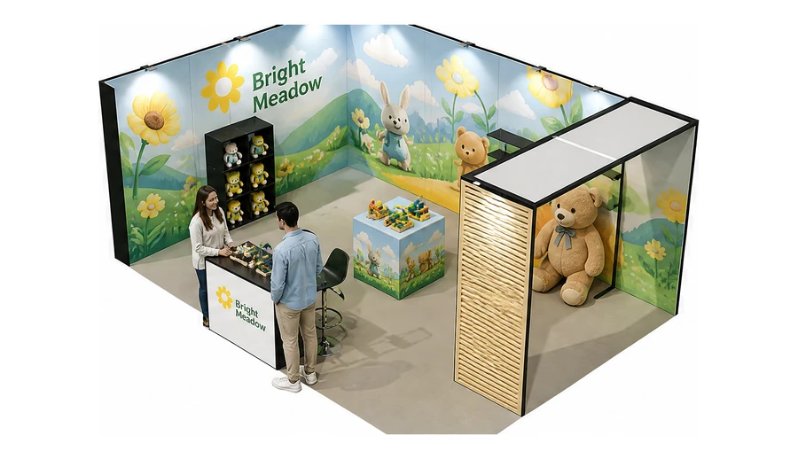 Stoisko 6 × 4 m narożne lewe dla branży zabawki i artykuły dziecięce, przykładowa marka Bright Meadow