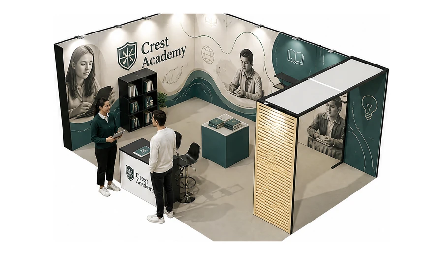 Stoisko 6 × 4 m narożne lewe dla branży edukacja i szkolenia, przykładowa marka Crest Academy