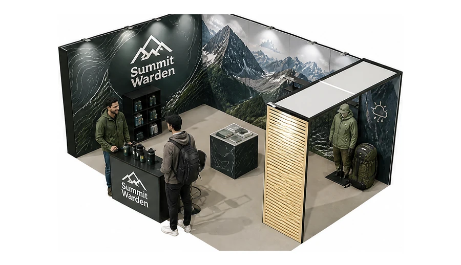 Stoisko 6 × 4 m narożne lewe dla branży odzież i sprzęt outdoorowy, przykładowa marka Summit Warden