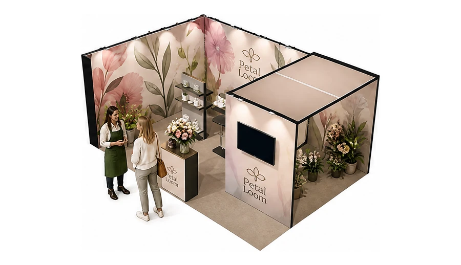 Stoisko 6 × 4 m narożne lewe dla branży rośliny i kwiaciarstwo, przykładowa marka Petal Loom