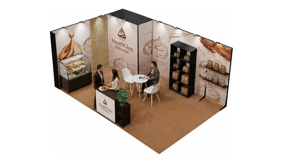 Stoisko 6 × 4 m narożne lewe dla branży piekarnictwo i cukiernictwo, przykładowa marka HearthGlen Patisserie