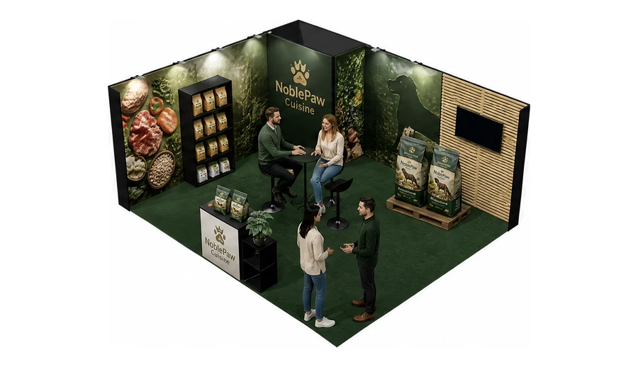 Stoisko 6 × 5 m narożne lewe dla branży karma dla zwierząt, przykładowa marka NoblePaw Cuisine
